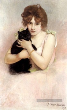 Jeune ballerine tenant un porte chat noir Belleuse Pierre Peinture à l'huile